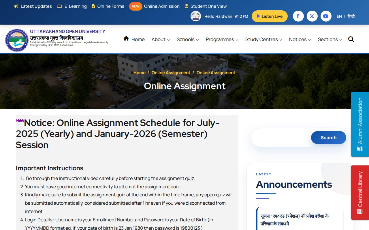 Official UOU page on uou.ac.in: view online assignment portal video instructions