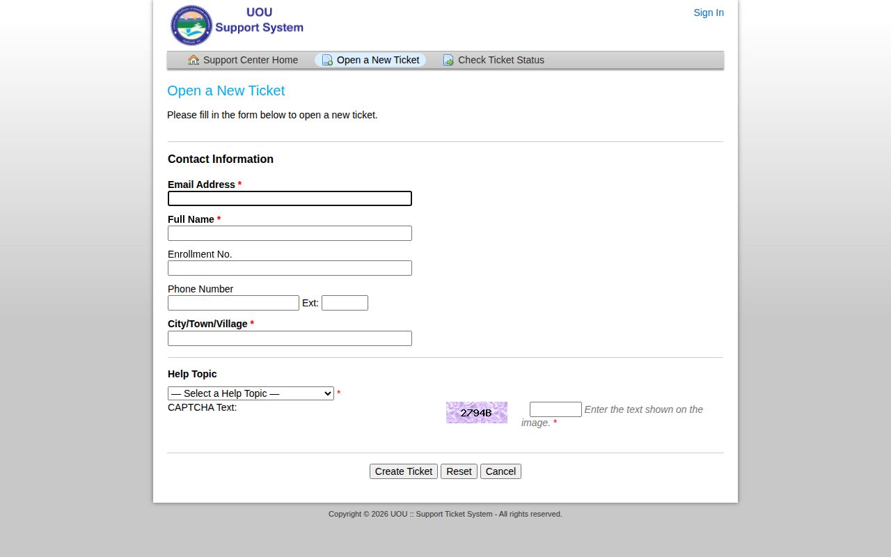 Official UOU page on support.uou.ac.in: create examination support ticket