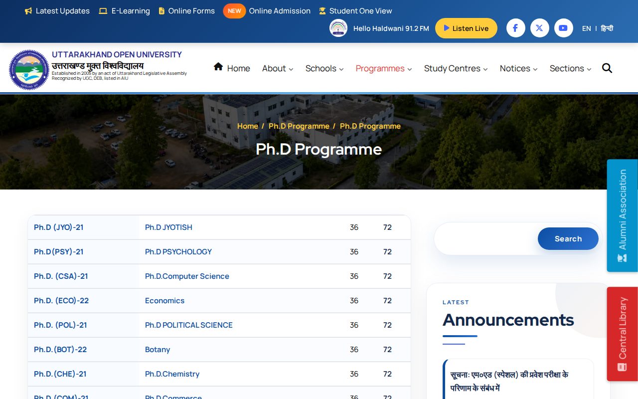 Official UOU page on uou.ac.in: view list of PhD programmes