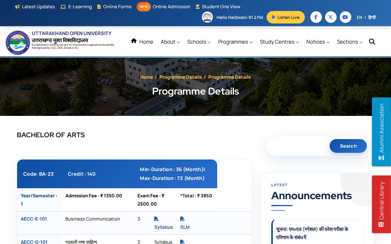 Official UOU page on uou.ac.in: view BA-23 programme details