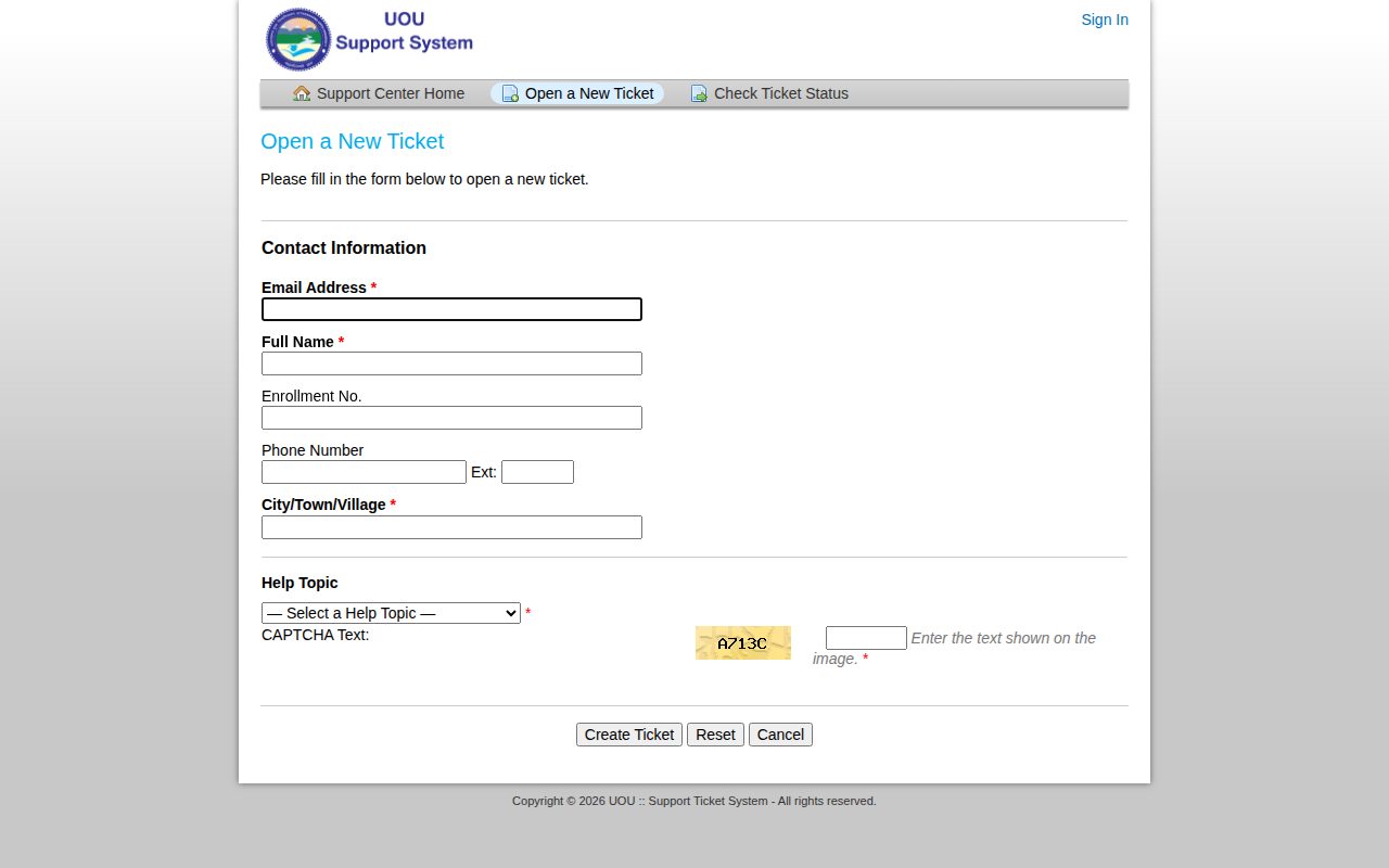 Official UOU page on support.uou.ac.in: open a new UOU support ticket