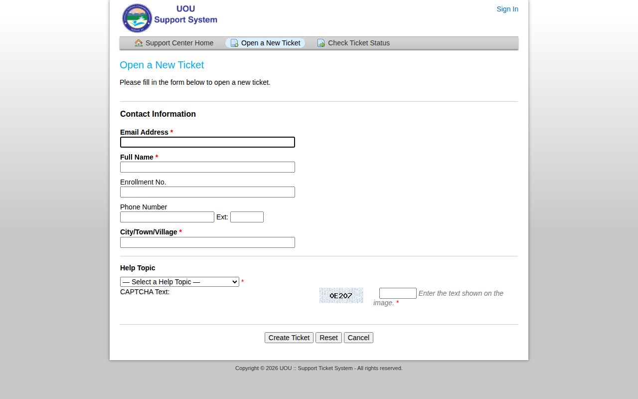 Official UOU page on support.uou.ac.in: open a support ticket for book issues